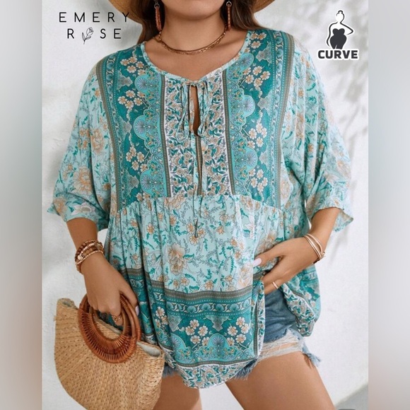 Teal Blue V-Neck Boho Blouse - Picture 5 of 6